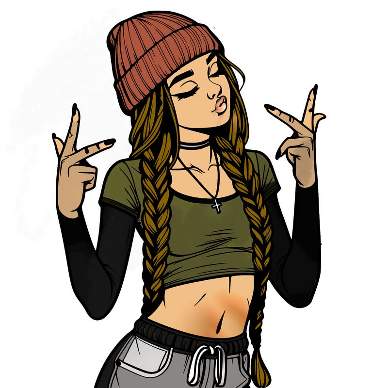 realistic teenage girl with braids and a beanie and crop top doing 🫶🏼