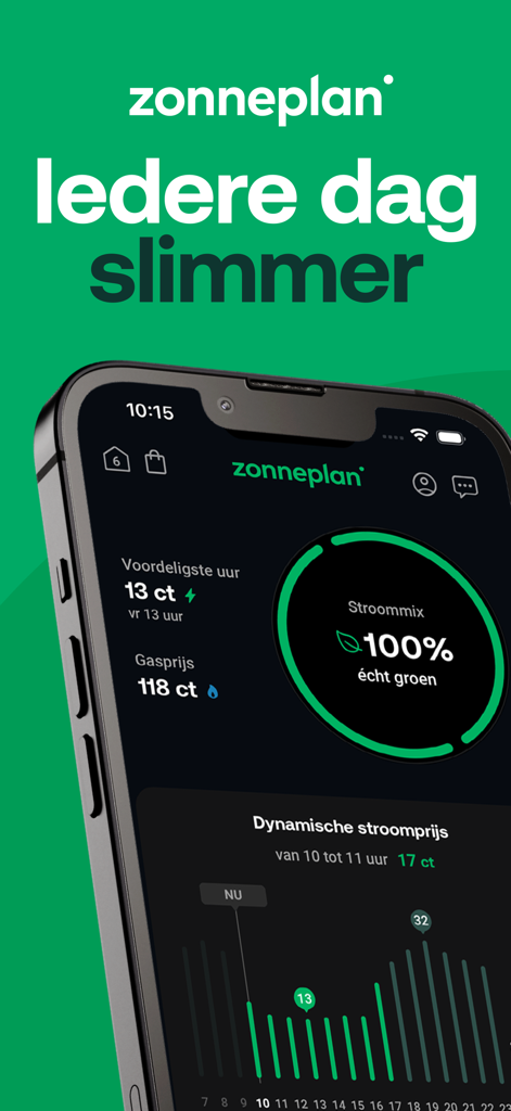 Zonneplan | Energie - Tela do aplicativo Zonneplan mostrando preços dinâmicos de eletricidade e mix de energia verde