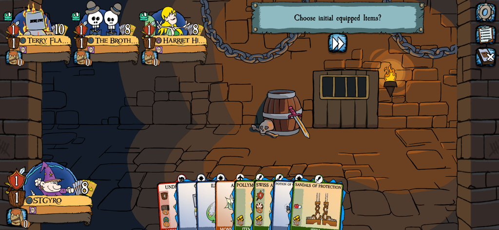 Munchkin Digital - A gameplay screenshot of Munchkin Digital showing the initial item equipment selection screen in a cartoon dungeon setting.