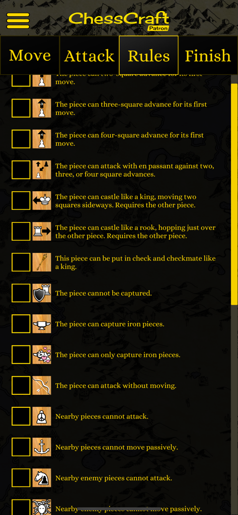 ChessCraft - A menu in ChessCraft showing various custom rules that can be applied to a chess piece like advanced movement and special capture abilities.