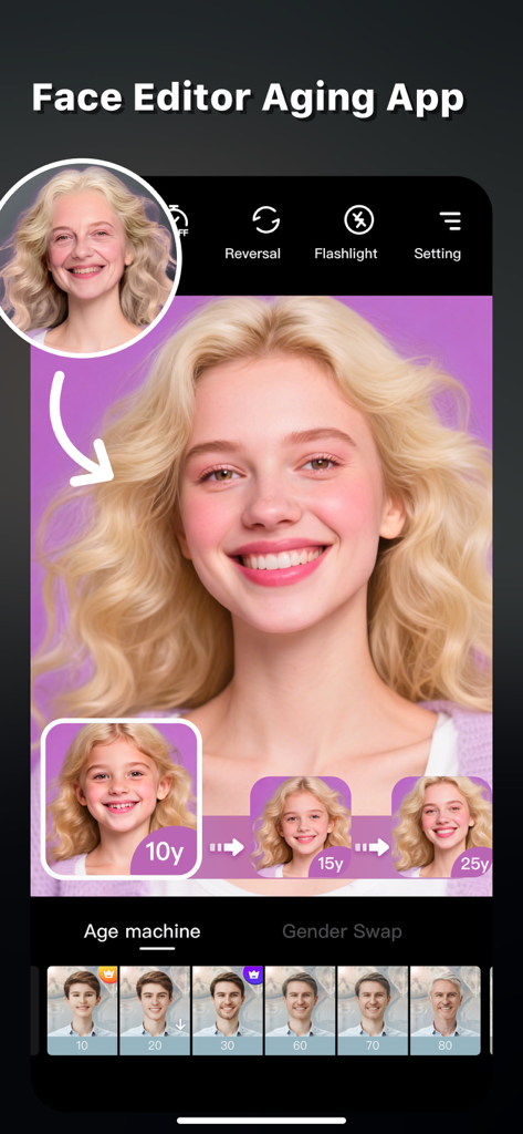 Interface do aplicativo Timor mostrando filtros de transformação de idade em um retrato feminino.