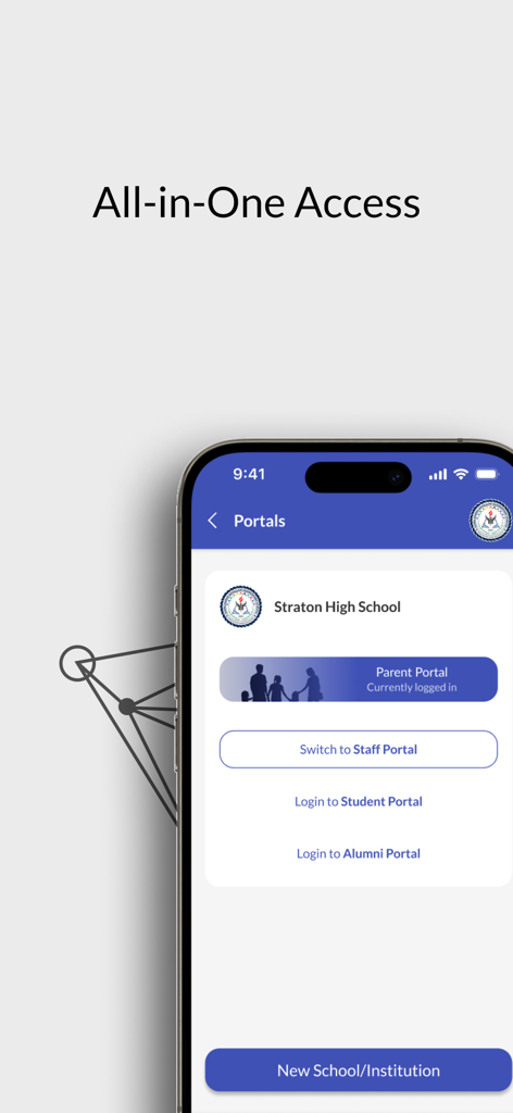 Pantalla de smartphone que muestra la aplicación Ed-admin Multi-Portal con opciones para cambiar entre portales de padres, personal, estudiantes y exalumnos