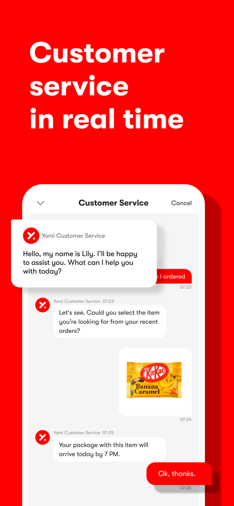 A screenshot showing the Yami mobile app customer service chat interface with real time support and order tracking information