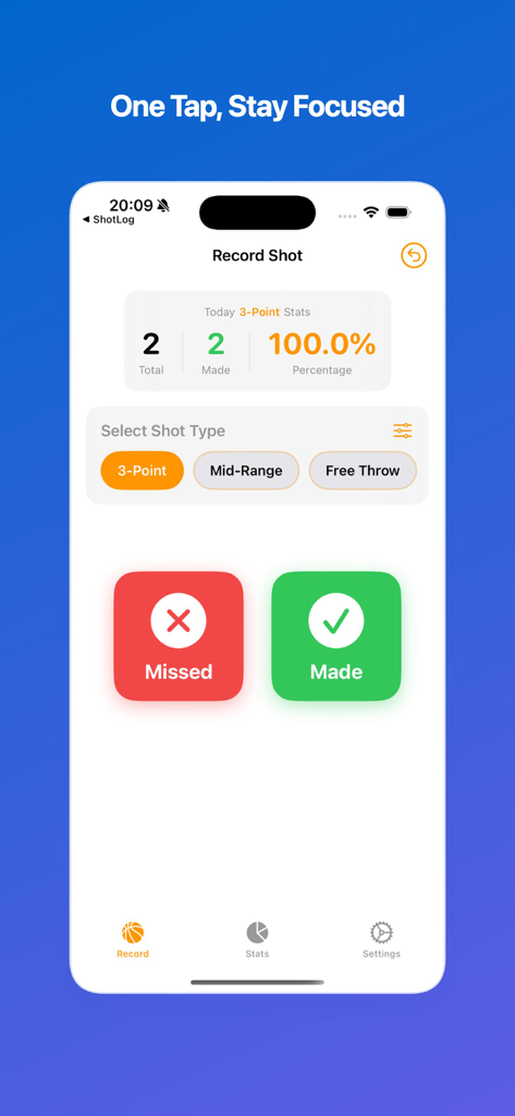 ShotLog-Shot Tracker - Basketball shot tracking interface in ShotLog app with large buttons for recording made and missed shots.