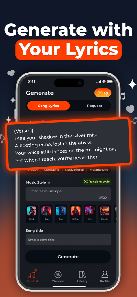 AI Song Generator - Rexa - Rexa app interface showing how to input custom lyrics and select music genres to generate an AI song
