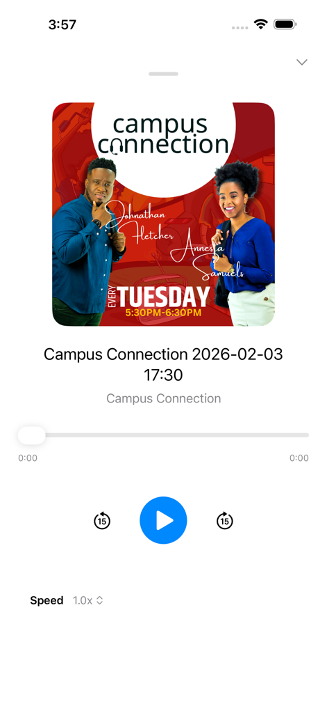 Love 101 FM app media player interface displaying a Campus Connection podcast episode with hosts Johnathan Fletcher and Annesta Samuels.