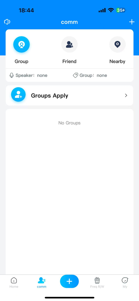 The communication tab of the walkie-talkie tool app showing group and friend features