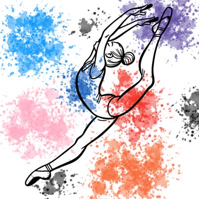 gymnast doing a leap in a leotard with a bent back leg