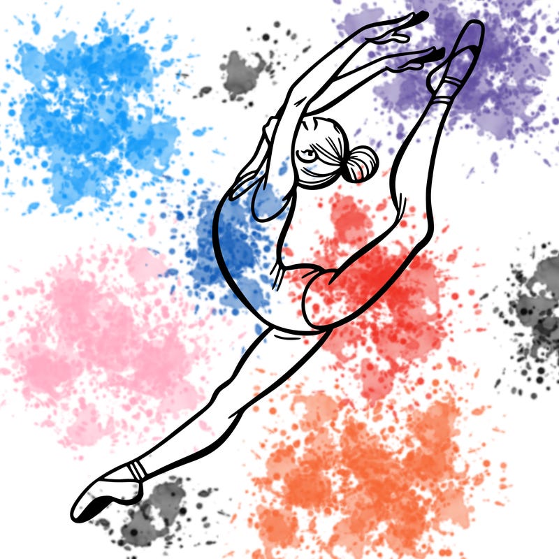 gymnast doing a leap in a leotard with a bent back leg