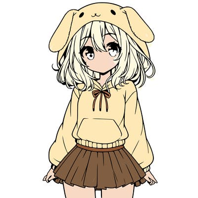 pretty anime girl wearing a fluffy hoodie with bunny ears on the hood and a skirt