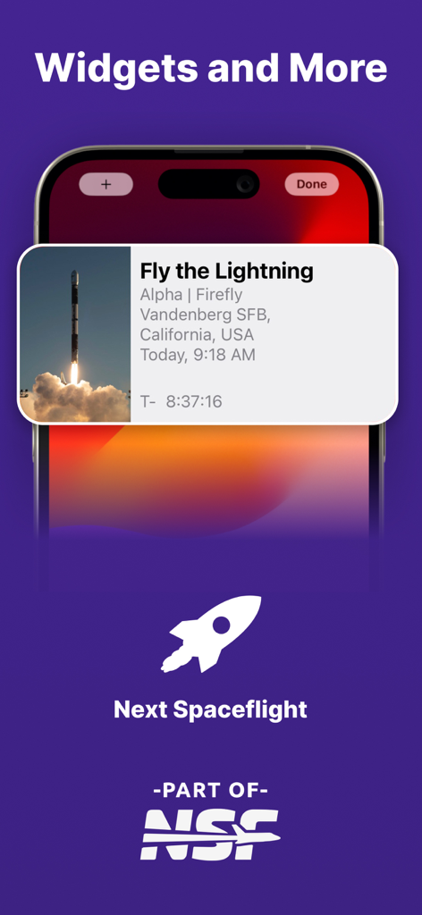 Next Spaceflight - Widget de la aplicación Next Spaceflight que muestra una cuenta regresiva de lanzamiento de cohete en un iPhone