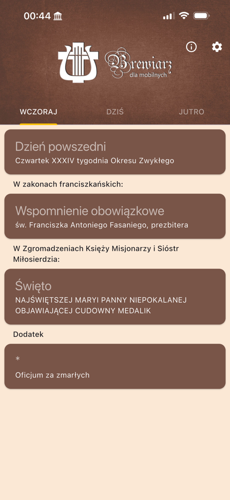 Main dashboard of the Brewiarz app displaying the Catholic liturgical calendar in Polish