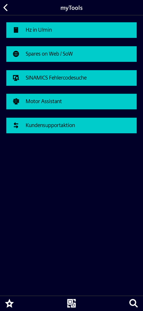 Industry Online Support - Interface of the Siemens Industry Online Support app showing the myTools menu with technical utilities like Motor Assistant and error code search