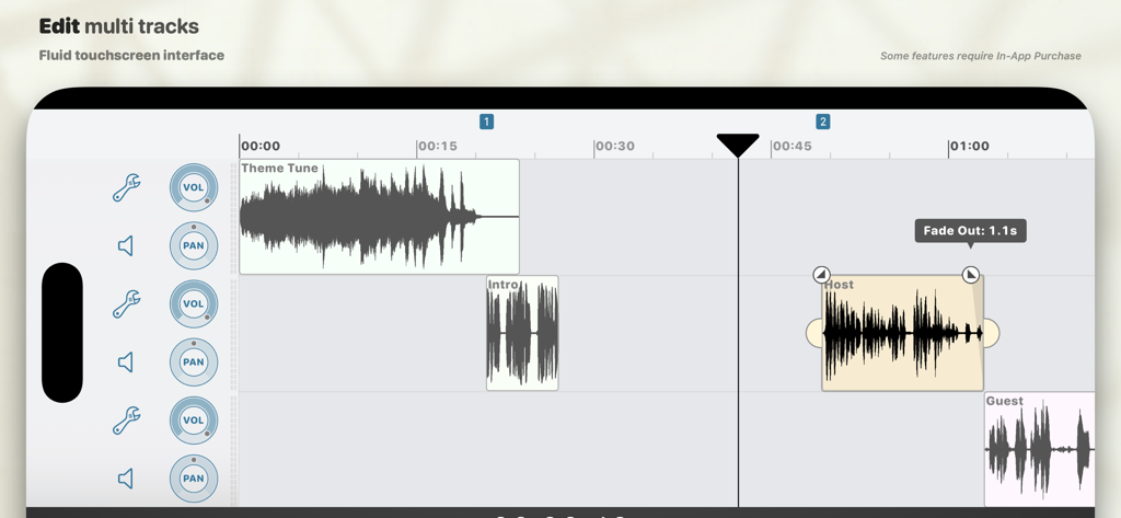 Ferrite Recording Studio - Multi-track audio editing timeline in Ferrite Recording Studio showing waveform clips for theme tune, host, and guest with volume and pan controls