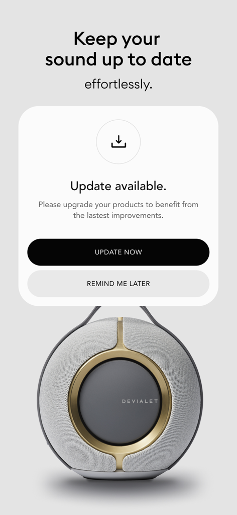 Devialet - Update notification screen in the Devialet app featuring a Phantom speaker
