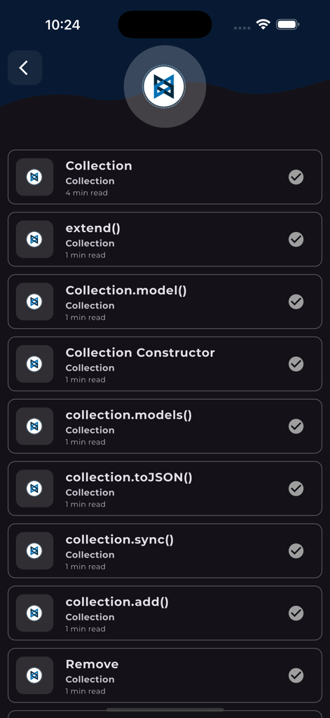 Learn Backbone.js Framework - Educational interface showing Backbone.js collection methods and estimated reading times