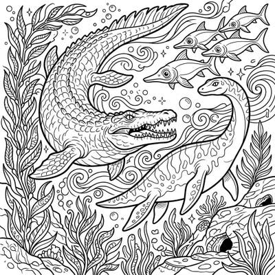 Unleash your creativity with this thrilling coloring page featuring colossal prehistoric marine beasts. Dive into an ancient underwater world filled with awe-inspiring sea monsters.