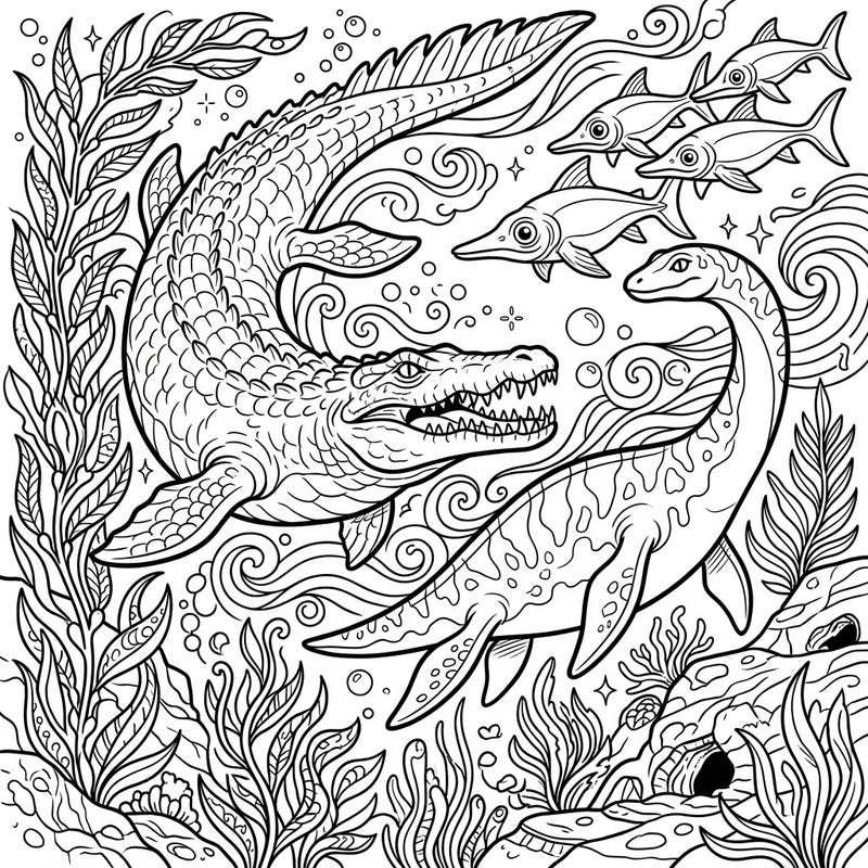 Unleash your creativity with this thrilling coloring page featuring colossal prehistoric marine beasts. Dive into an ancient underwater world filled with awe-inspiring sea monsters.