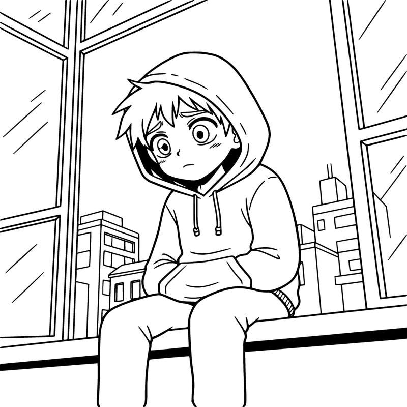 a boy who is sitting on the edge of the windowsill looking sad and hoodie on head