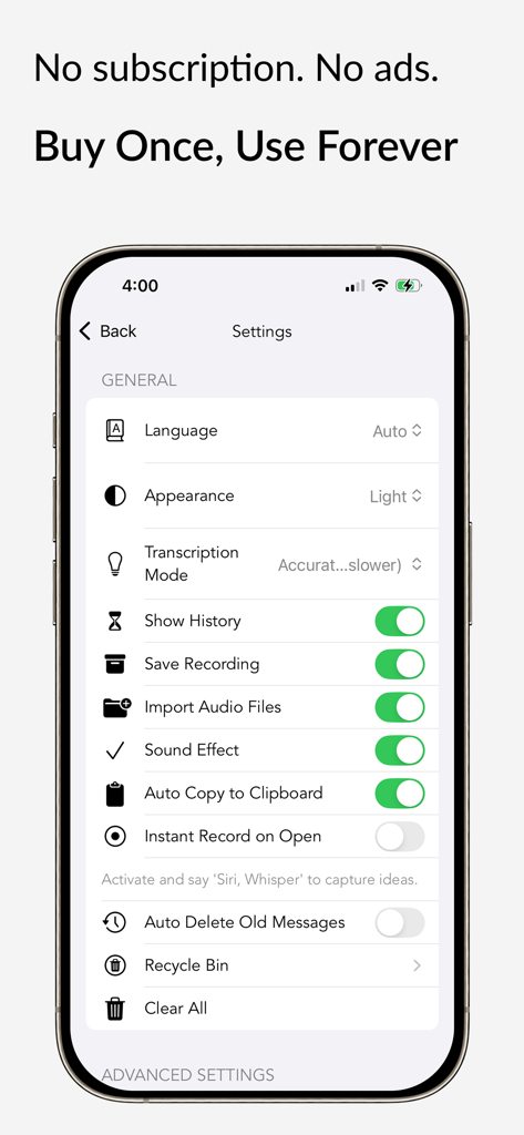 Screenshot of Whisper Notes settings menu on an iPhone showing language and transcription options