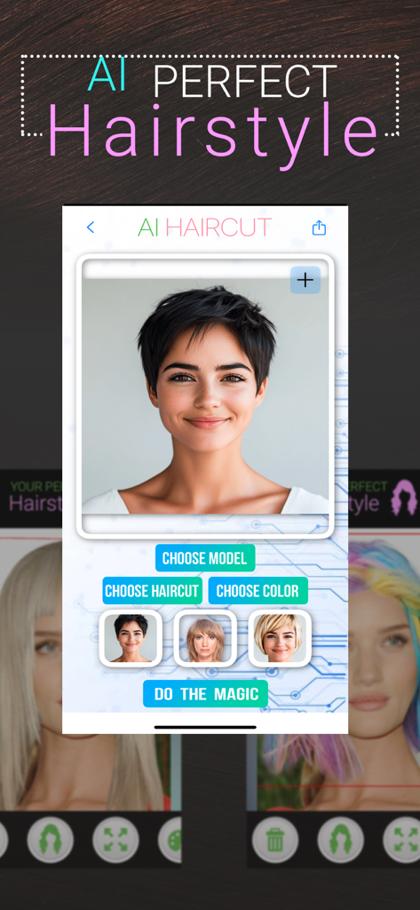 Interfaz de usuario de la app Peinado Perfecto que muestra una función de prueba de corte de cabello con IA con una modelo luciendo un corte pixie corto.