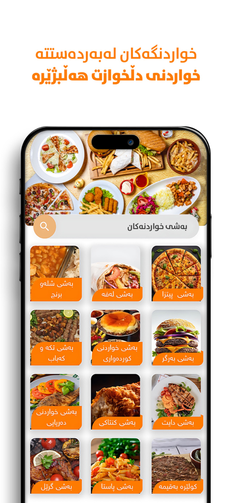 Amada - Amada mobile app interface showing various food delivery categories in Kurdish.