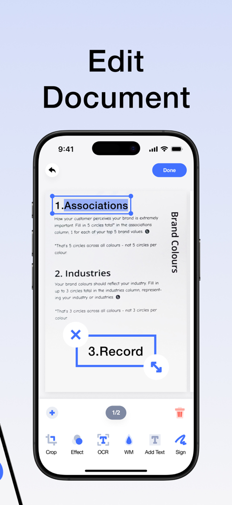 Interface of a PDF editor app on a smartphone showing document editing and text recognition features