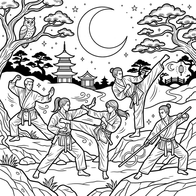 Step into a world of discipline and moonlight with this captivating martial arts coloring page. Featuring skilled martial artists against a serene night backdrop, it's an inspiring scene ready for your artistic touch.