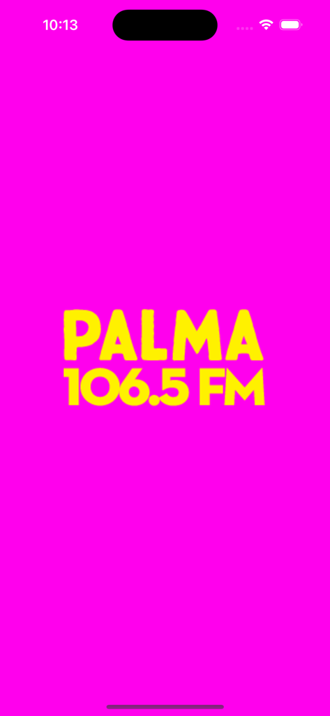 Pantalla de inicio de la app Palma FM 106.5 con un fondo rosa brillante y texto amarillo llamativo