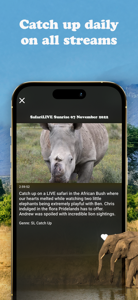 Smartphone screen showing the WildEarth TV app catch-up feature with a video stream of a rhino in the wild