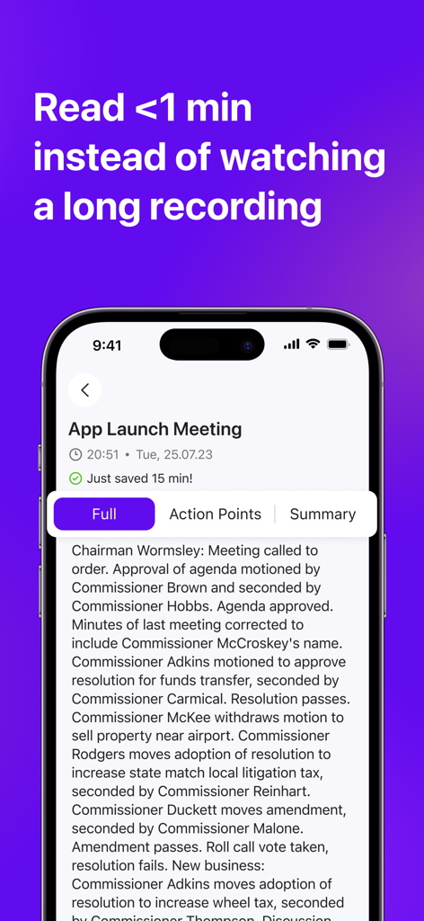 Sum AI: Speech to Text Notes - Sum AI mobile app displaying a detailed transcription of a project launch meeting