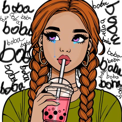 realistic girl with braided hair drinking boba