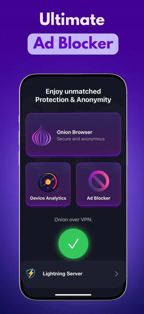 Onion Browser: VPN+Ad Blocker - Interfaz de la aplicación Onion Browser destacando la función de bloqueo de anuncios definitivo, análisis del dispositivo y protección VPN anónima