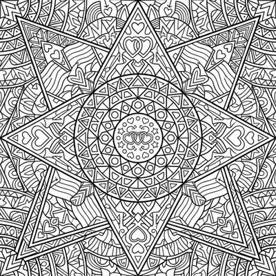 Dive into a mesmerizing Geometric Mandala coloring page, beautifully designed to celebrate Pride Month. Its intricate patterns of hearts and geometric shapes invite you to express creativity and support for diversity.