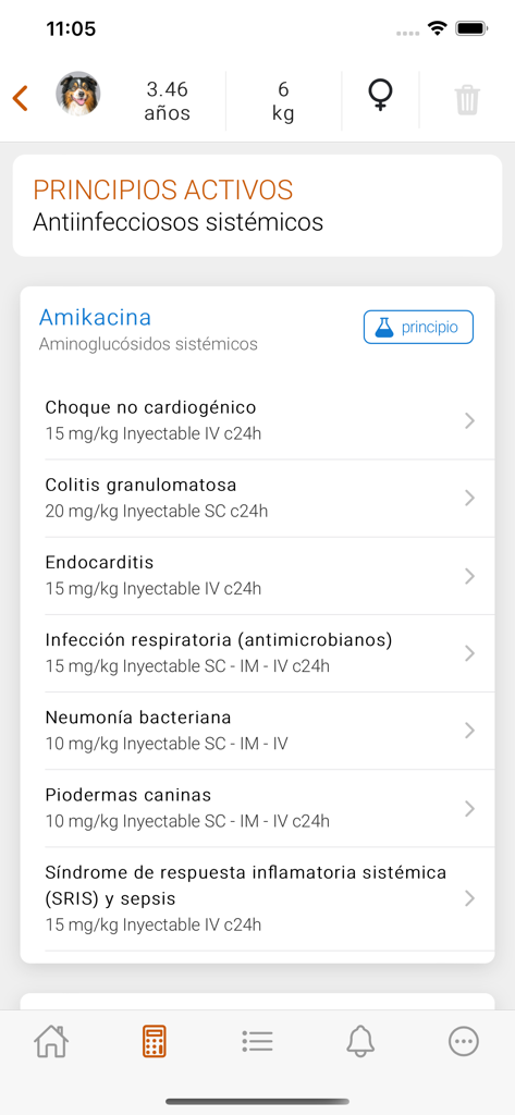 Una pantalla de aplicación móvil que muestra dosis veterinarias para el ingrediente activo Amikacina para diferentes condiciones médicas.