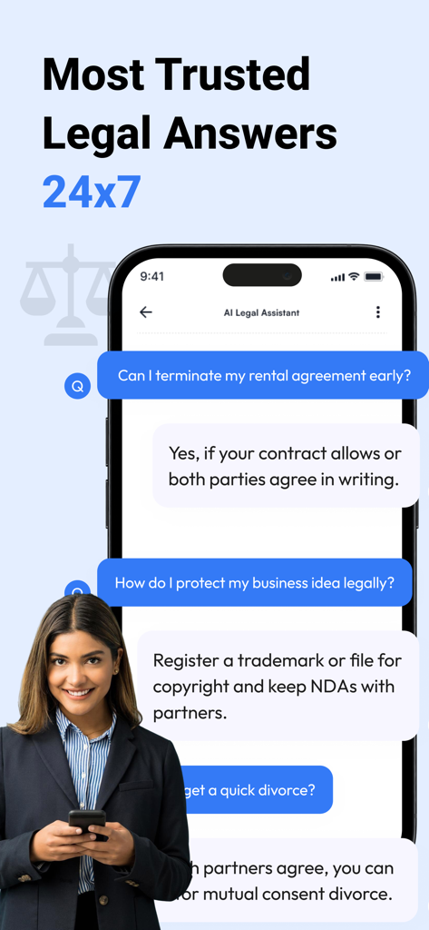 AI Lawyer - AI Legal Assistant - Pantalla de smartphone que muestra la interfaz de chat de la aplicación Abogado IA para asistencia legal 24/7 y respuestas legales