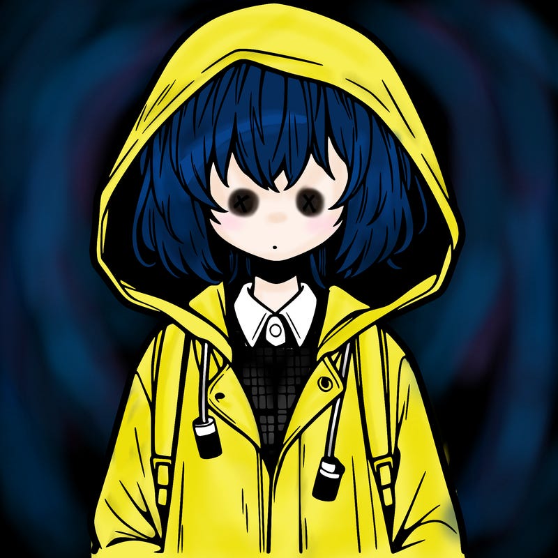 little anime girl in a raincoat her hair is covering her eyes she has a lighter