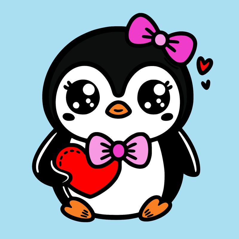 cute penguin with bow tie holding heart