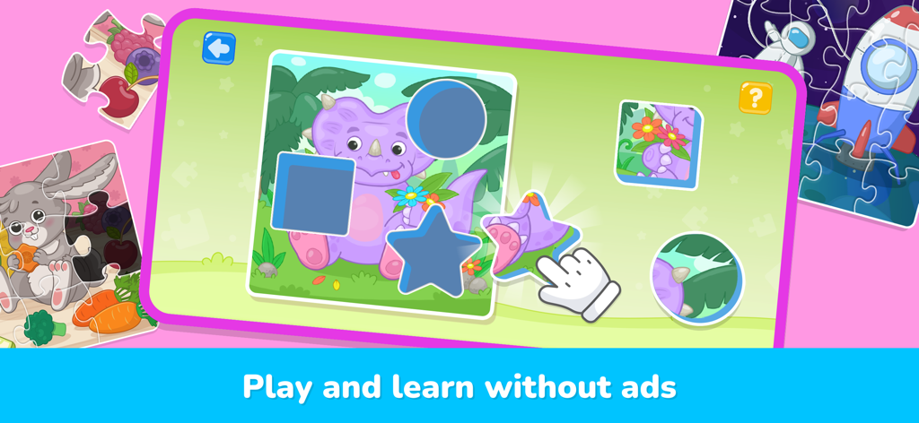 Un puzzle de tri de formes pour tout-petits représentant un dinosaure violet et un message sur le jeu sans publicité.