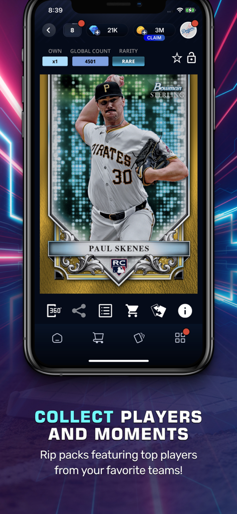 Topps® BUNT® MLB Card Trader - Digital MLB player card of Paul Skenes in the Topps BUNT app interface