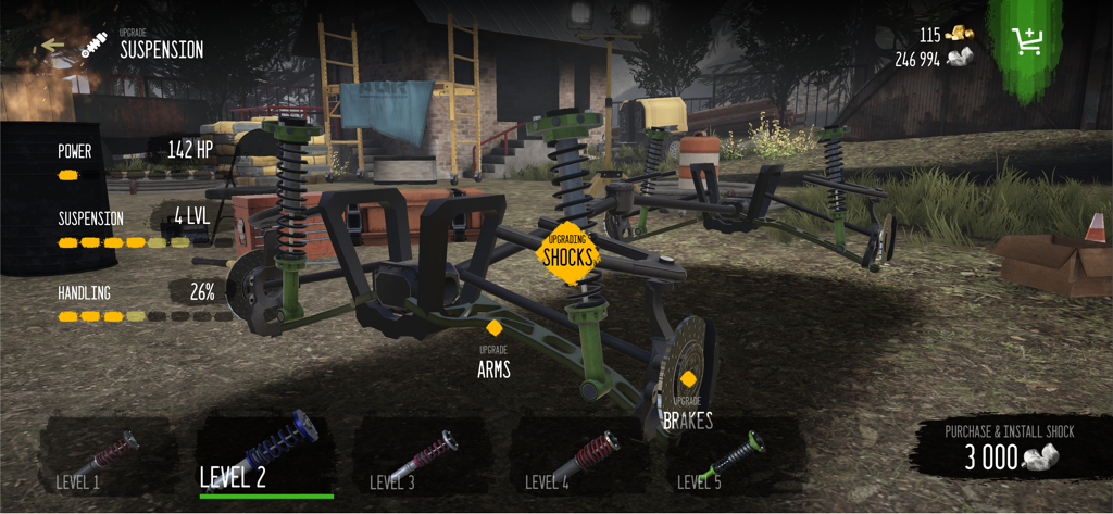 Pantalla técnica de personalización de la suspensión en Mudness Offroad Car Simulator que muestra amortiguadores actualizables y estadísticas del vehículo