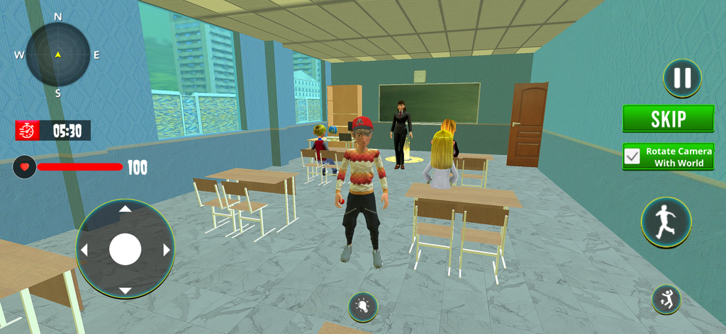 Scary Teacher: Escape Game 3D - A 3D gameplay scene of Scary Teacher Escape Game showing a student character in a classroom with a teacher and school desks.