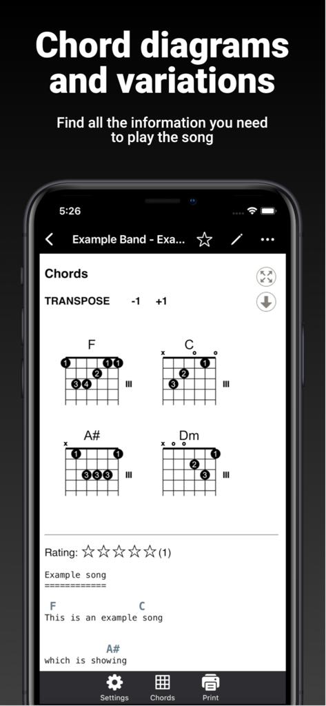 GuitarTab - Tabs & chords Pro - GuitarTab app interface displaying guitar chord diagrams for F, C, A sharp, and D minor with transposition features