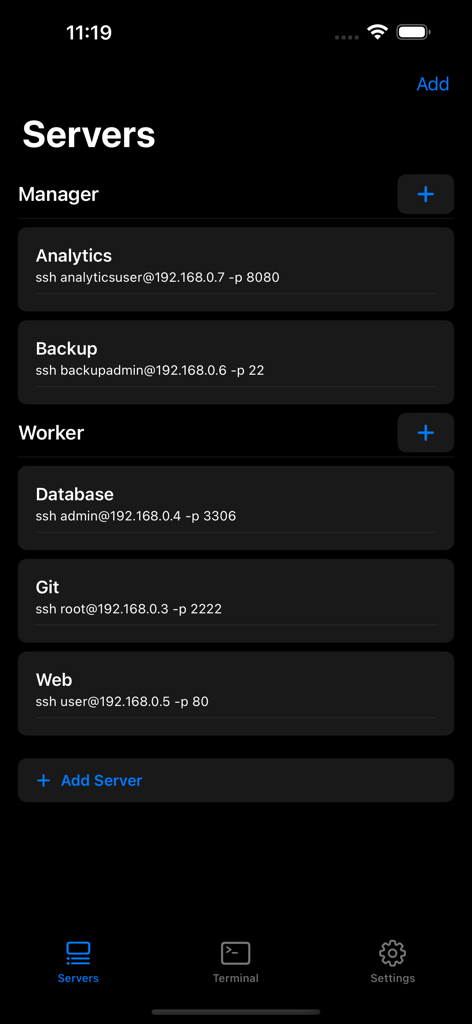 Interface of the Terminal# app showing a list of configured SSH servers categorized by manager and worker roles.