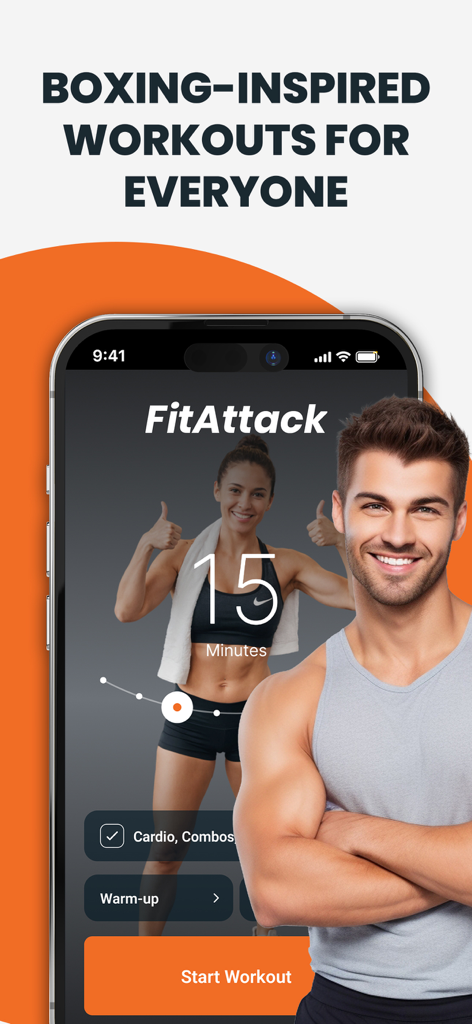 Pantalla de la aplicación FitAttack que muestra un entrenamiento de 15 minutos inspirado en el boxeo con un hombre y una mujer atléticos.