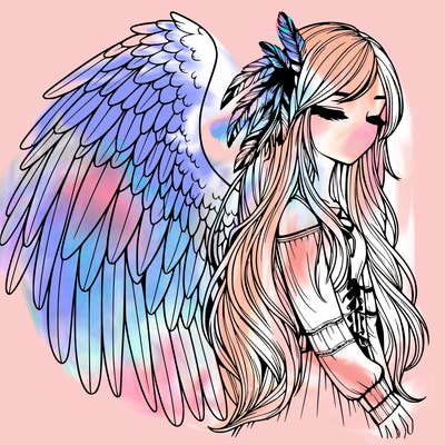 realistic girl with bird wings and some feathers in her hair