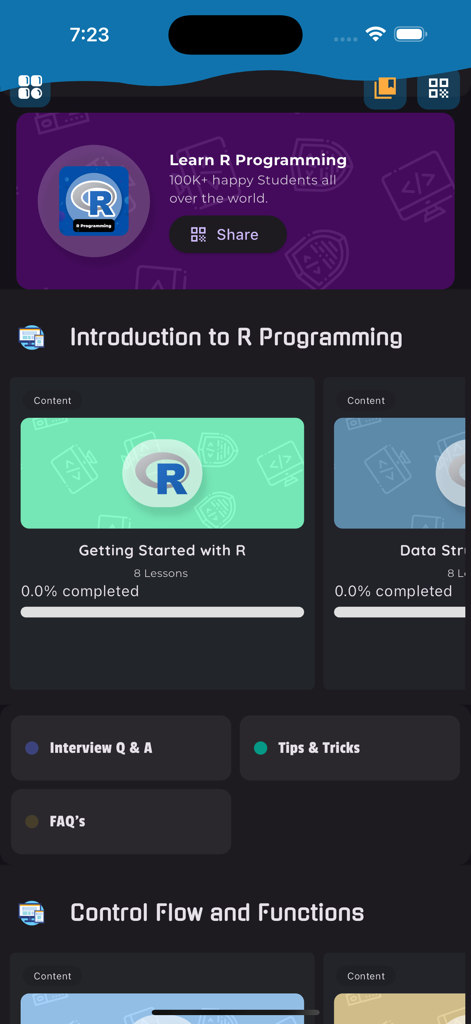 Learn R Programming [PRO] - Dashboard of the Learn R Programming PRO app showing introduction to R programming lessons and interview questions