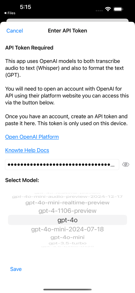 Knowte Transcribe - The setup screen in the Knowte Transcribe app for entering an OpenAI API token and selecting a GPT model.