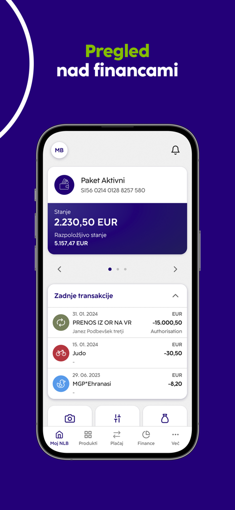 NLB Klik Slovenija - Dashboard of the NLB Klik mobile banking app displaying account balance and a list of recent transactions