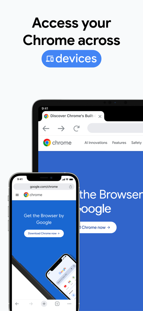Google Chrome browser interface on iPhone and tablet showing cross device synchronization
